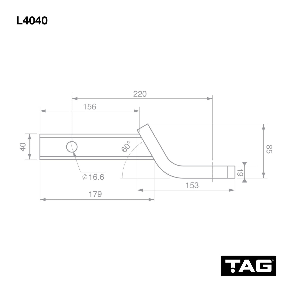 TAG Tow Ball Mount - 220mm Long, 135° Face, 40mm Square Hitch