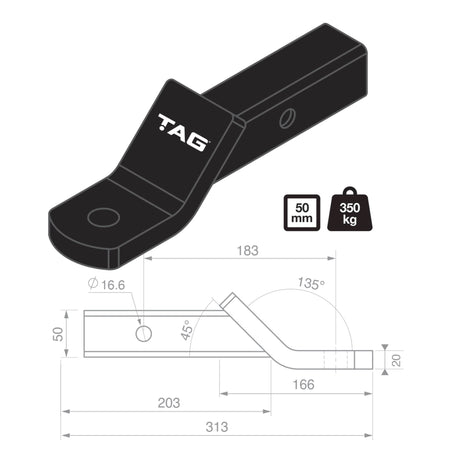 TAG Tow Ball Mount - 183mm Long, 135° Face, 50mm Square Hitch