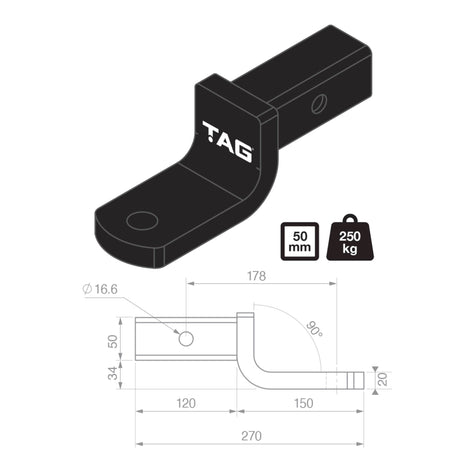 TAG Tow Ball Mount - 178mm Long, 90° Tongue Face, 50mm Square Hitch