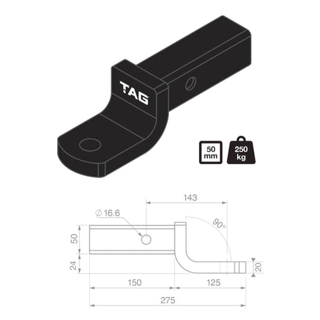 TAG Tow Ball Mount - 143mm Long, 90° Face, 50mm Square Hitch