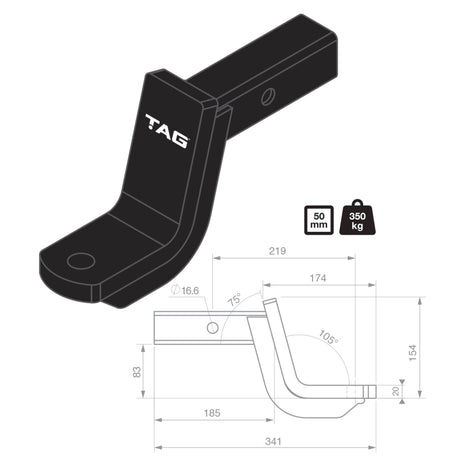 TAG Tow Ball Mount - 219mm Long, 88mm Drop, 50mm Square Hitch