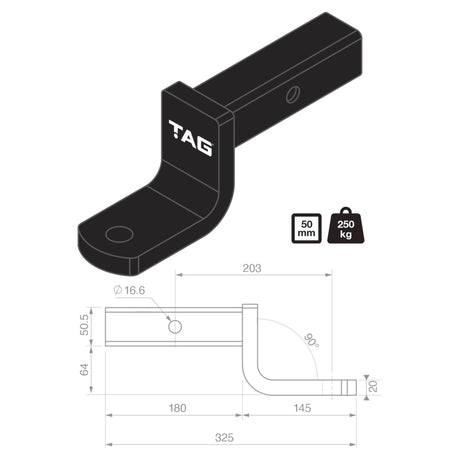 TAG Tow Ball Mount - 203mm Long,  90° Face, 50mm Square Hitch