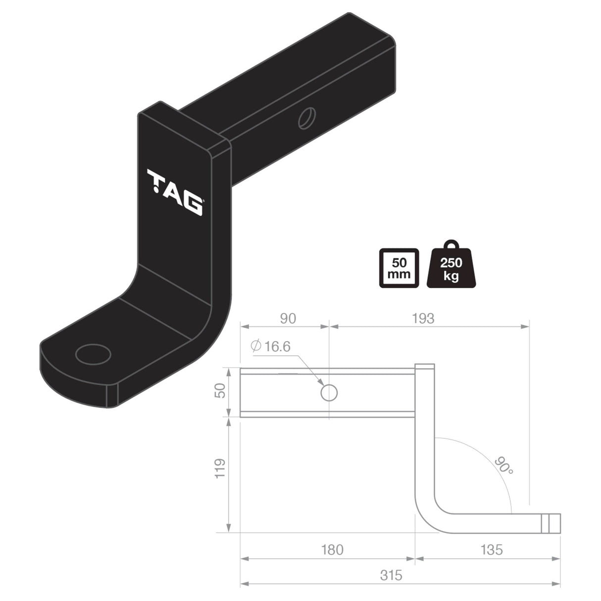 TAG Tow Ball Mount - 193mm Long, 90° Face, 50mm Square Hitch