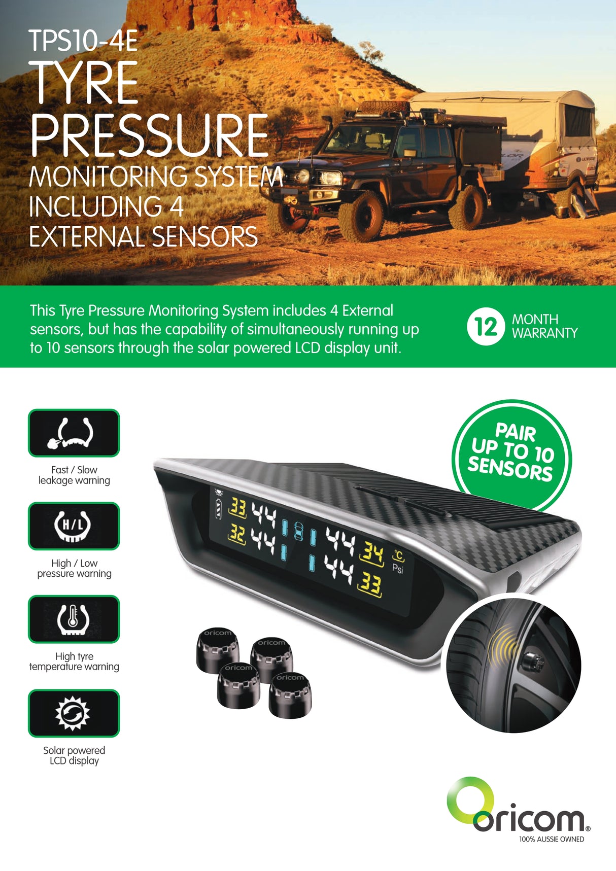 Oricom Real Time Tyre Pressure Monitoring System Including 4 External Sensors