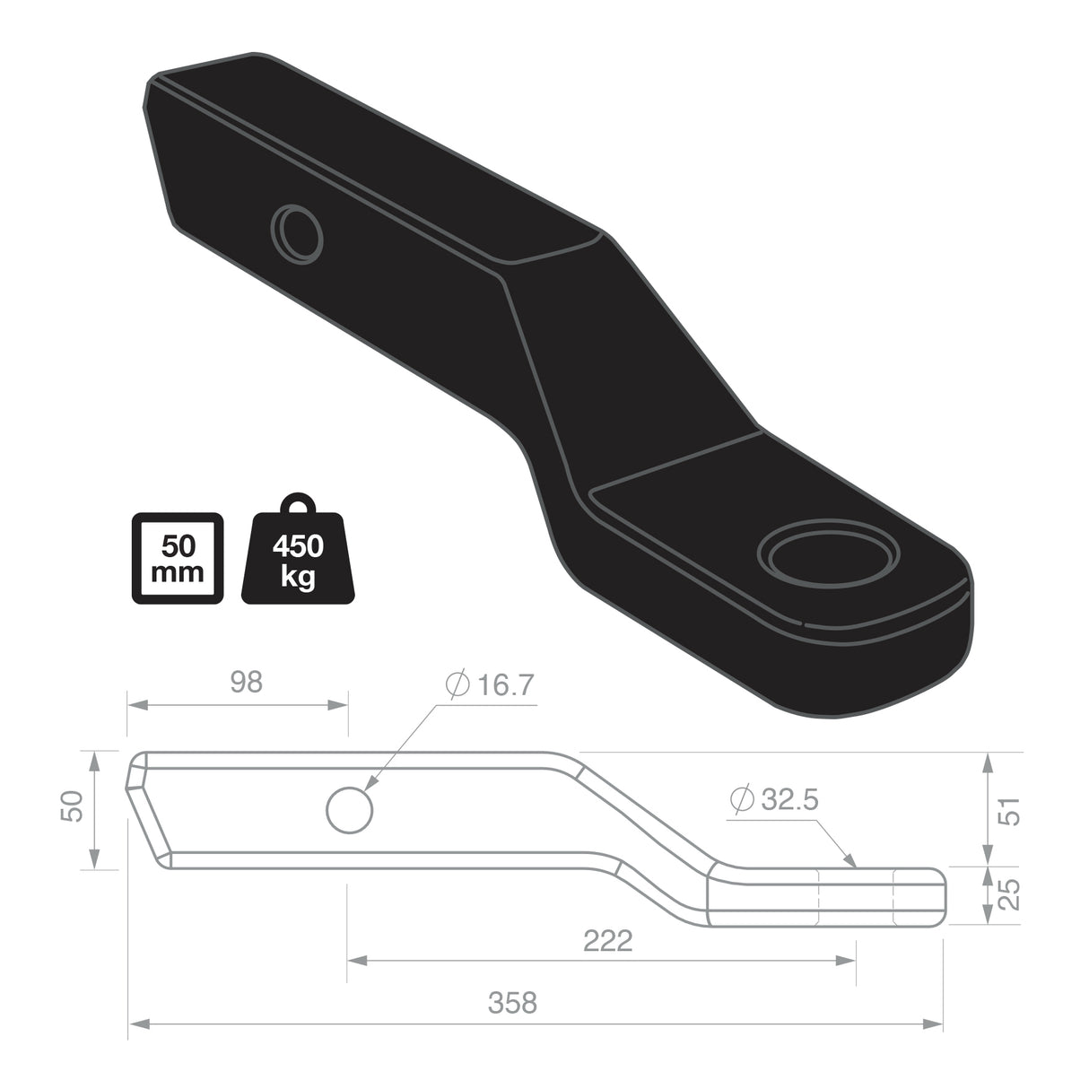 TAG 2" Drop Forged Tow Ball Mount - 222mm Long, 50mm Square Hitch