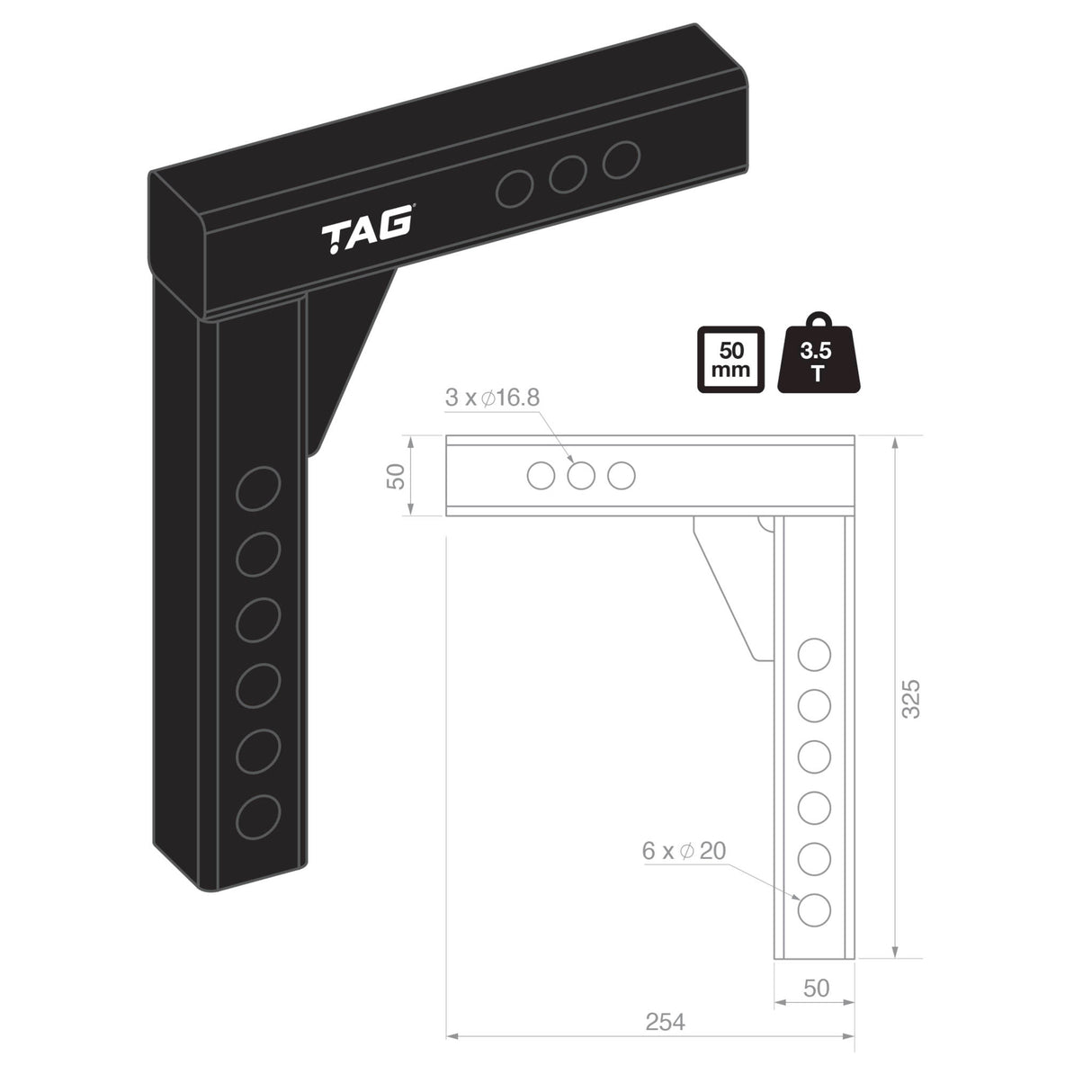 TAG Adjustable Weight Distribution Shank, 50mm Square Hitch, 100mm Drop (3.5T)