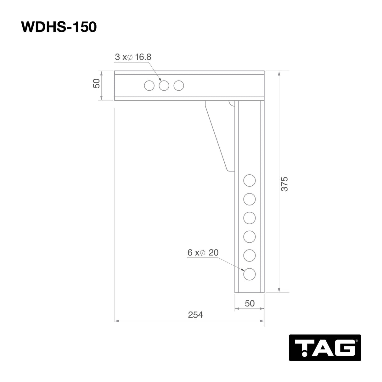 TAG Adjustable Weight Distribution Shank - 50mm Square Hitch, 150mm Drop (3.5T)